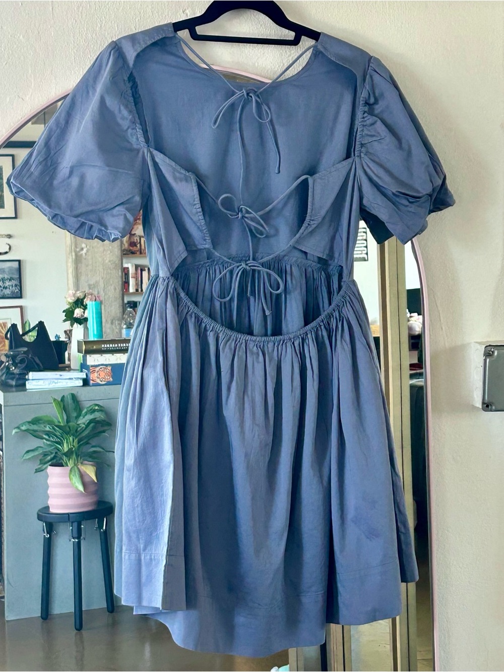 Oak + Fort Puff Sleeve Lace Up Cotton Mini Dress in Blue, sz S, NWT - Picture 2 of 6